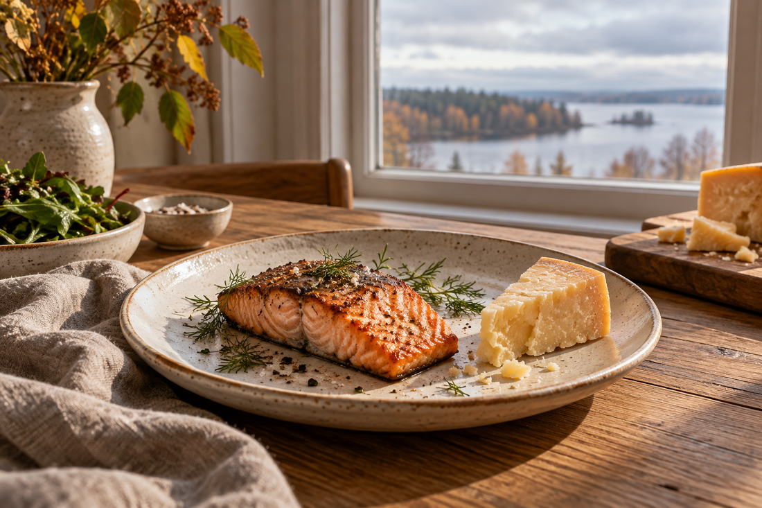 Cooked salmon and aged cheese on a ceramic plate beside a window overlooking an autumn lake.