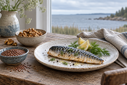 Mackerel fillet on a ceramic plate beside walnuts and flaxseed, with a sea view through the window.