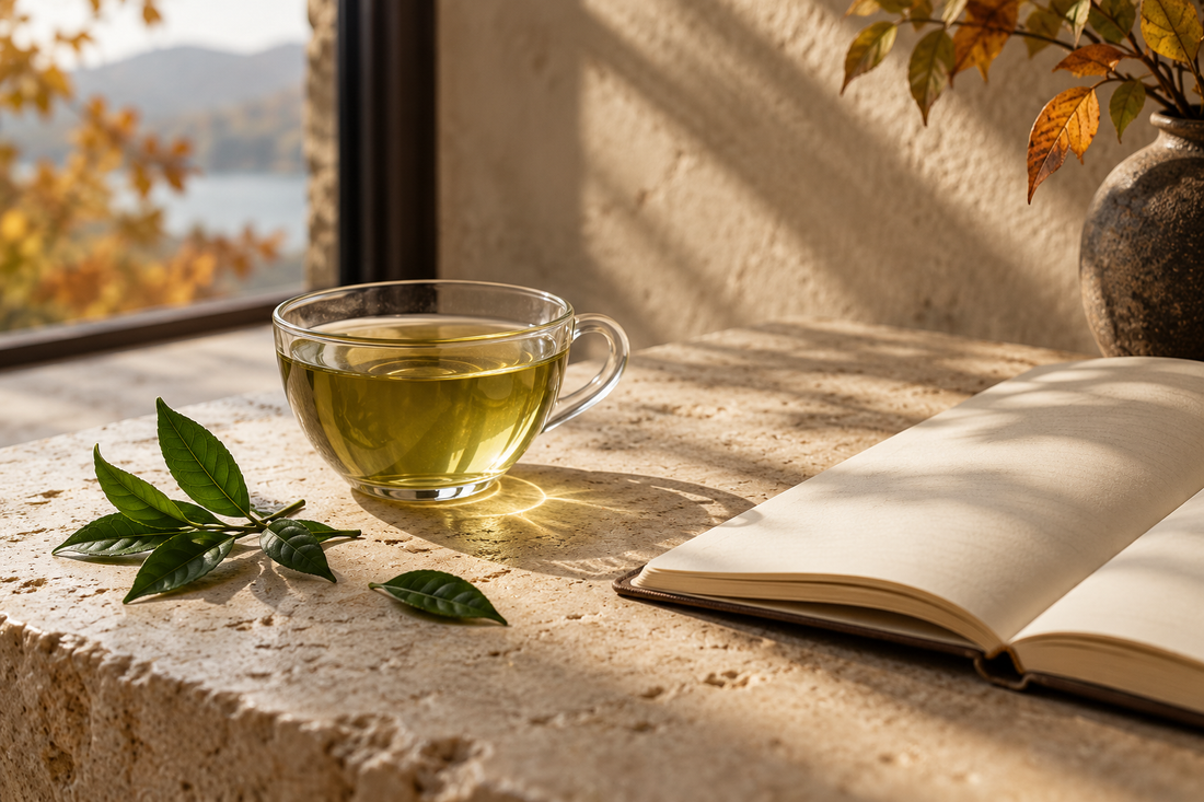A glass of green tea beside fresh tea leaves and an open notebook in warm morning light.
