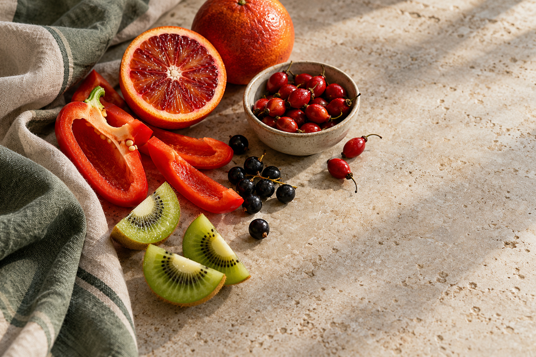 A blood orange, red pepper, blackcurrants, kiwi and rosehip berries arranged on a sunlit stone surface.