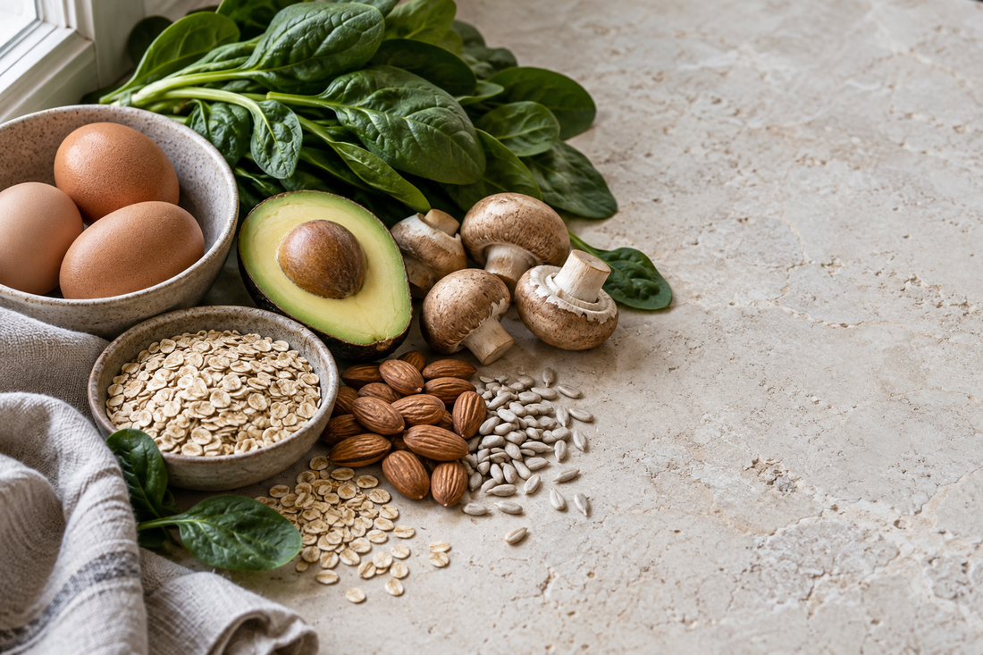Eggs, spinach, mushrooms, avocado, almonds, sunflower seeds and oats arranged on a sunlit stone surface.