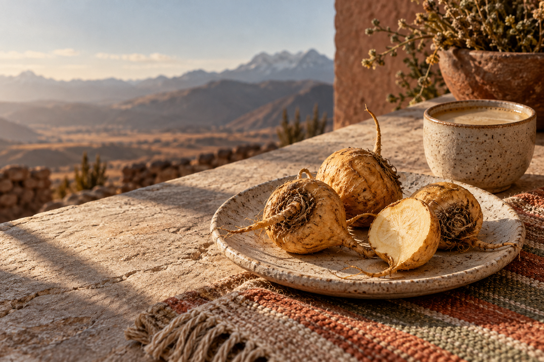 Whole and sliced maca roots on a ceramic plate beside a warm drink, with Andean mountains in the background