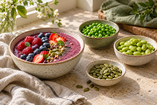 Berry smoothie beside peas, soybeans and pumpkin seeds on a sunlit kitchen counter