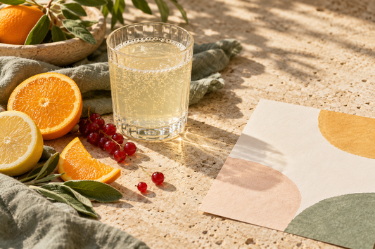 A glass of citrus drink beside orange, lemon and a blank color-block card in warm natural light.