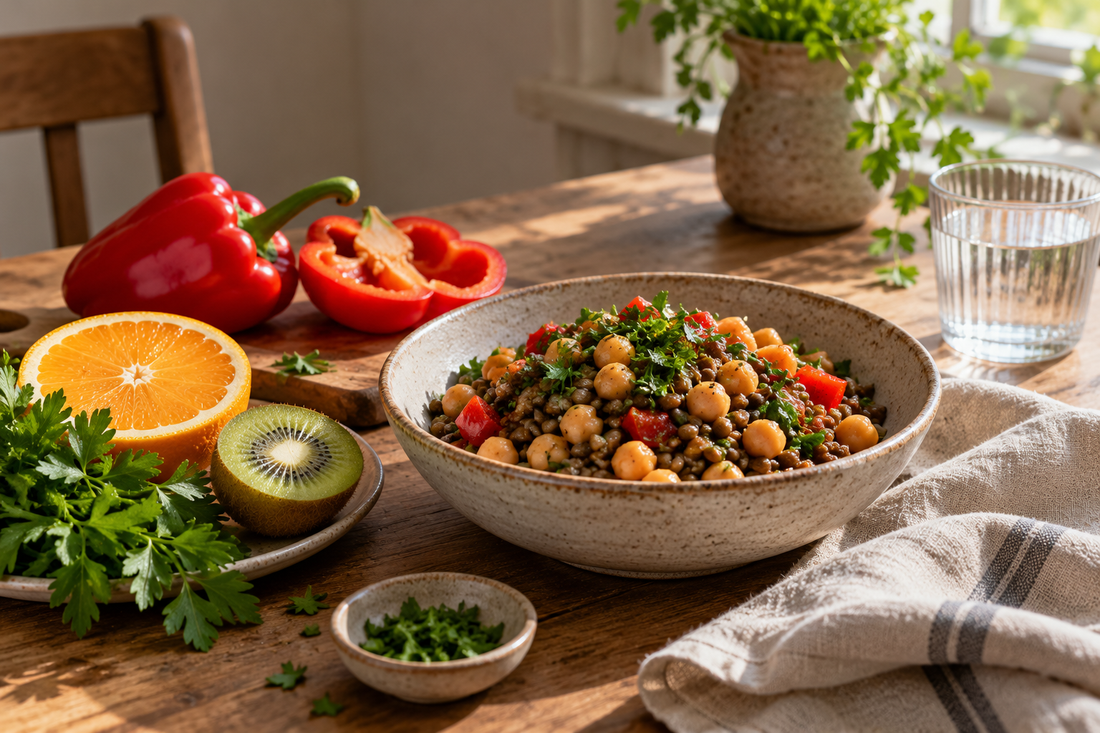 Lentils and chickpeas with red pepper, kiwi, orange and parsley on a sunlit kitchen table.